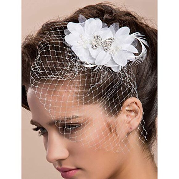 White Bridal Birdcage Veil with Floral Clip Handmade Mesh Headpiece - Picture 3 of 3